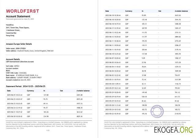 Relevé de compte China Worldfirst Modèle Word et PDF, 2 pages